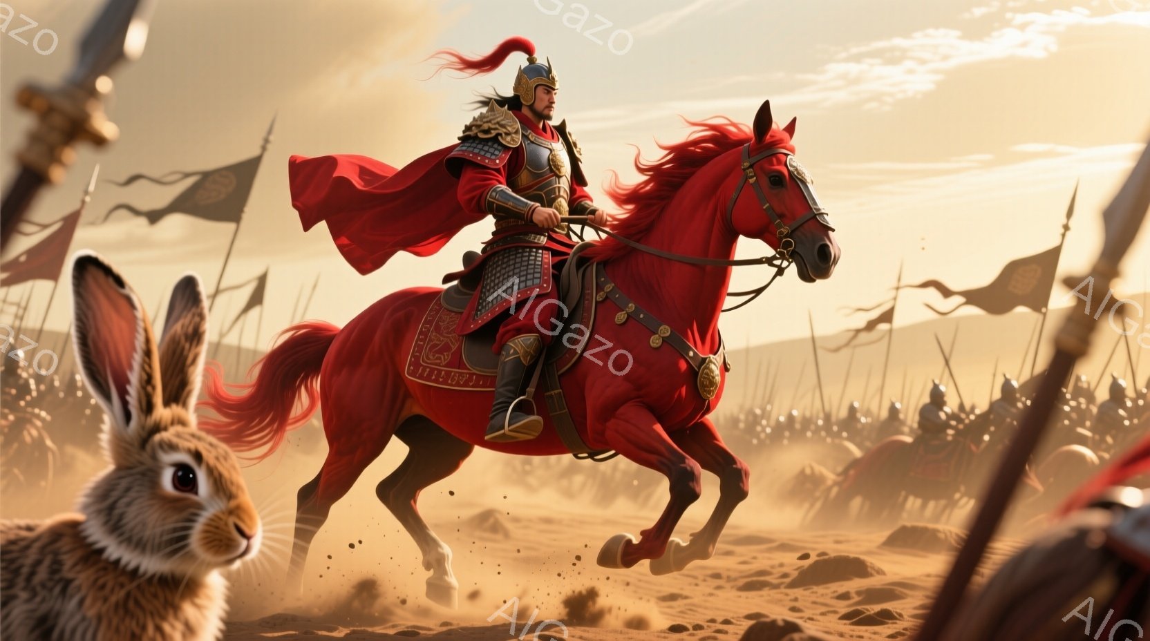 砂漠を背景に、赤い衣装をまとった武将が赤馬に乗って疾走している。彼は鎧を身につけ、頭には飾りをつけた兜をかぶり、顔には強い決意が表れている。遠くには軍隊が整列しており、砂埃が舞う中、戦の始まりを予感させる厳かな雰囲気である。