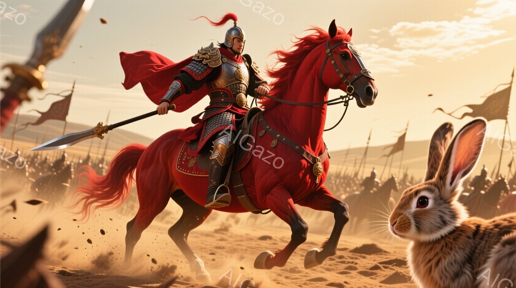 鮮やかな赤色の軍服を身に着けた武将が、赤い馬に跨って砂漠を疾走している。彼は黒い髪を後ろで束ね、凛々しい表情で長槍を構え、迫力ある戦場を率いているようだ。背景には砂塵が舞い上がり、遠くに多数の兵士たち - AI生成フリー素材