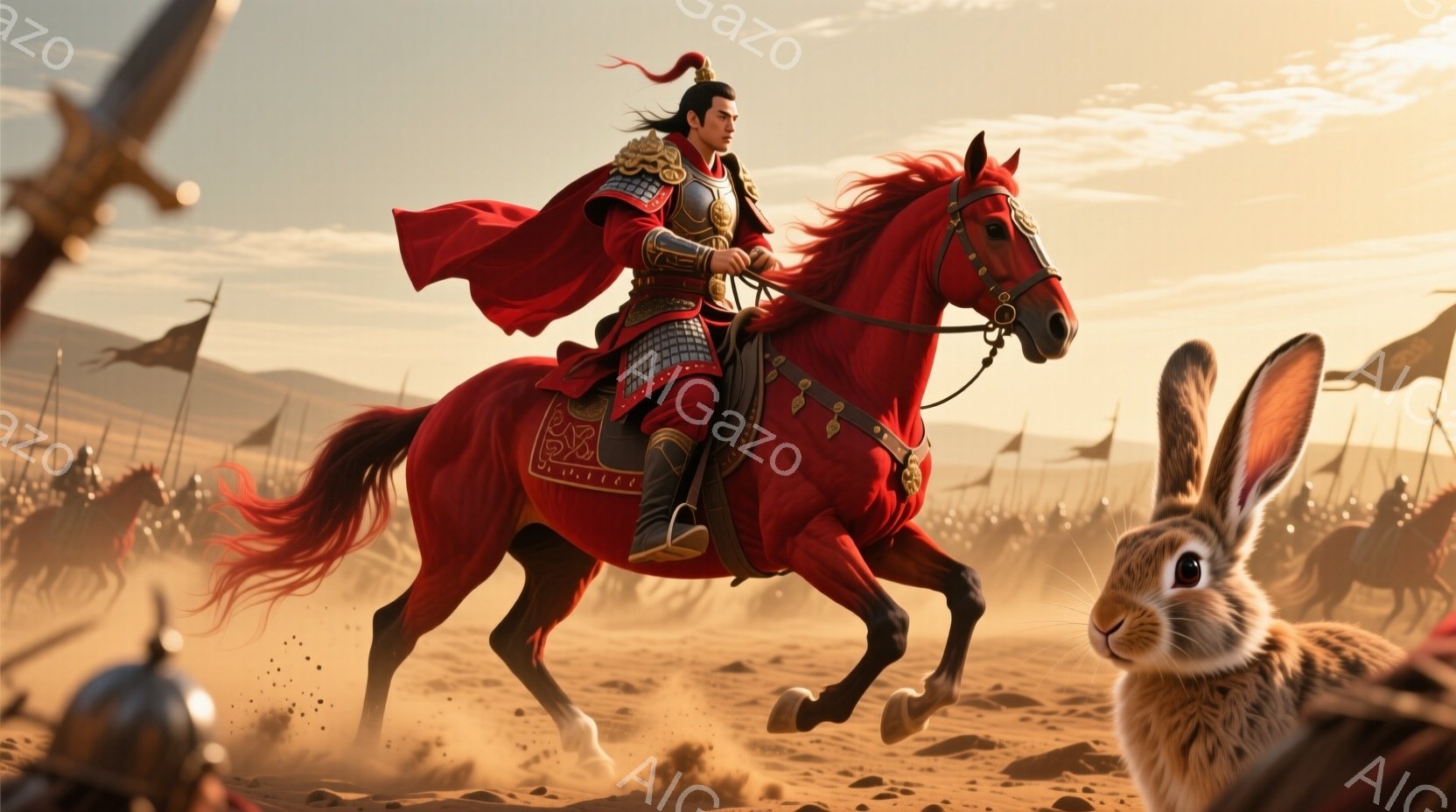 砂漠を舞台に、赤い衣装をまとった男が、白と赤の馬に乗って疾走している。彼は黒髪を後ろで束ね、毅然とした表情で前を見据え、戦場を率いるような威厳がある。背景には、多くの兵士と旗がぼやけており、激しい戦闘の様子が伺える。