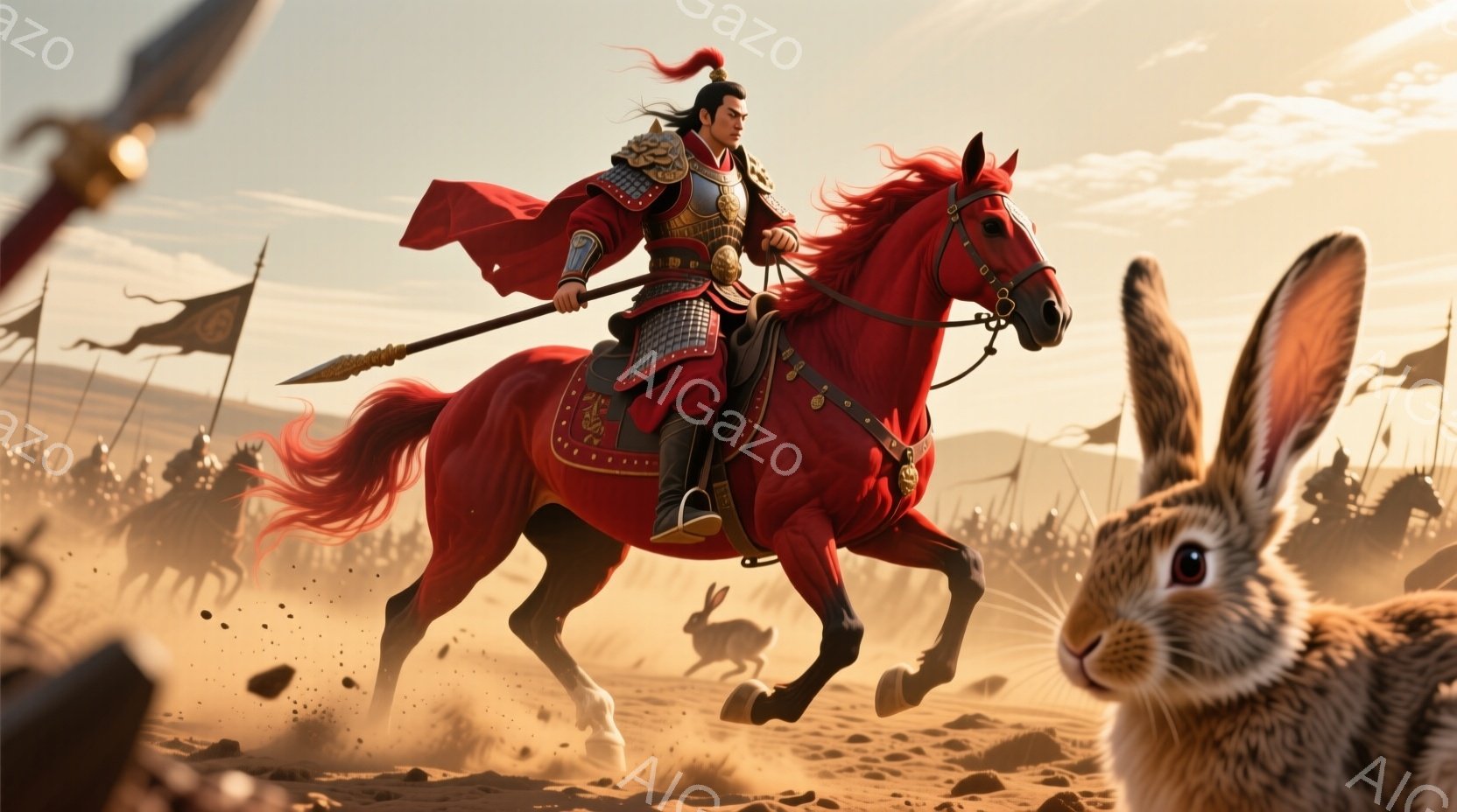 砂漠の風景の中に、赤色の軍服を身につけた男性が馬に乗って疾走している。彼は黒髪を後ろで束ね、険しい表情で槍を構え、戦場を率いる武将の風格を漂わせている。背景には多くの兵士が砂埃を巻き上げながら進軍しており、荒涼とした大地に戦争の緊張感が漂っている。