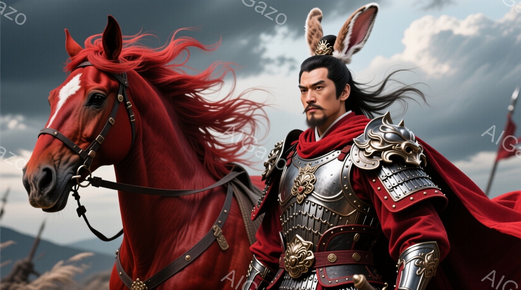 赤褐色の馬に乗った男性が描かれており、赤と金色の華やかな鎧を身に着けている。彼は黒い長い髪を後ろで束ね、厳格な表情で前を見据えている。背景には霞んだ山々と、遠くに見える旗があり、全体的に勇壮で歴史的な雰囲気を感じさせる。