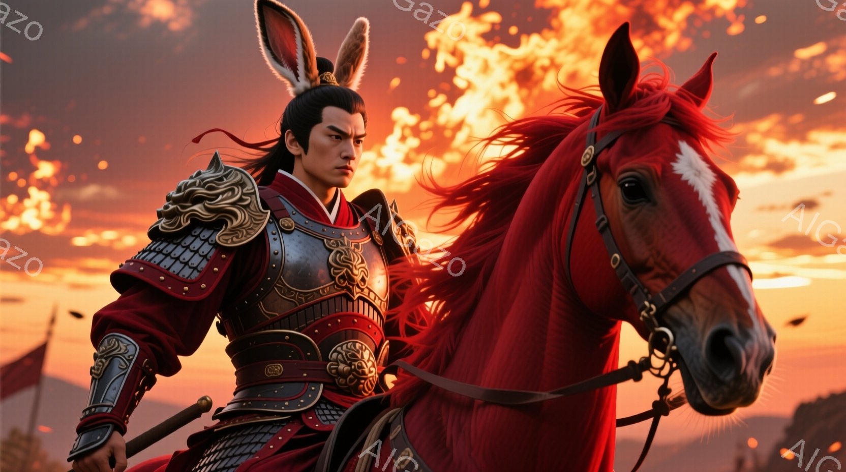 鮮やかな赤い装束を身につけた武将が、茶色の馬に騎乗している。金色の装飾が施された鎧と、後ろに長く流れる黒髪が印象的で、凛々しい表情で遠くを見つめている。背景には燃えるような夕焼けと、ぼんやりとした旗が確認でき、戦場の熱気を感じさせる。