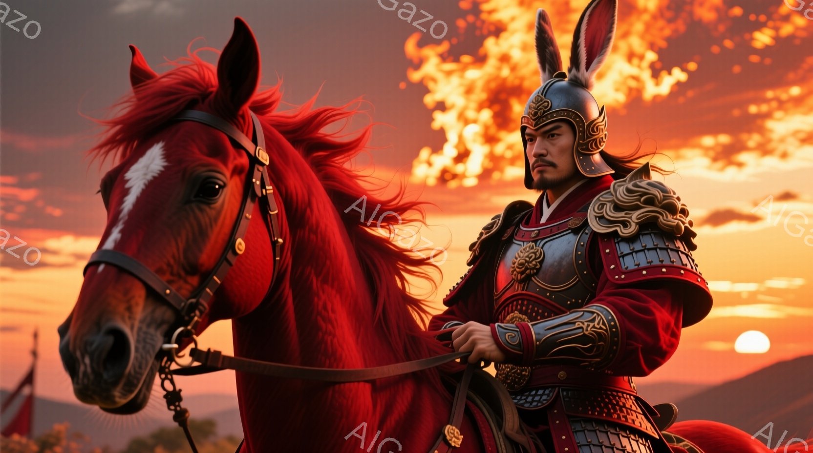赤い甲冑を身につけた武将が、白と赤の毛並みの馬に騎乗している。彼は黒髪を長く伸ばし、毅然とした表情で遠くを見つめている。背景には夕焼けの空と、ぼんやりとした山々が見え、勇壮で力強い雰囲気を醸し出している。