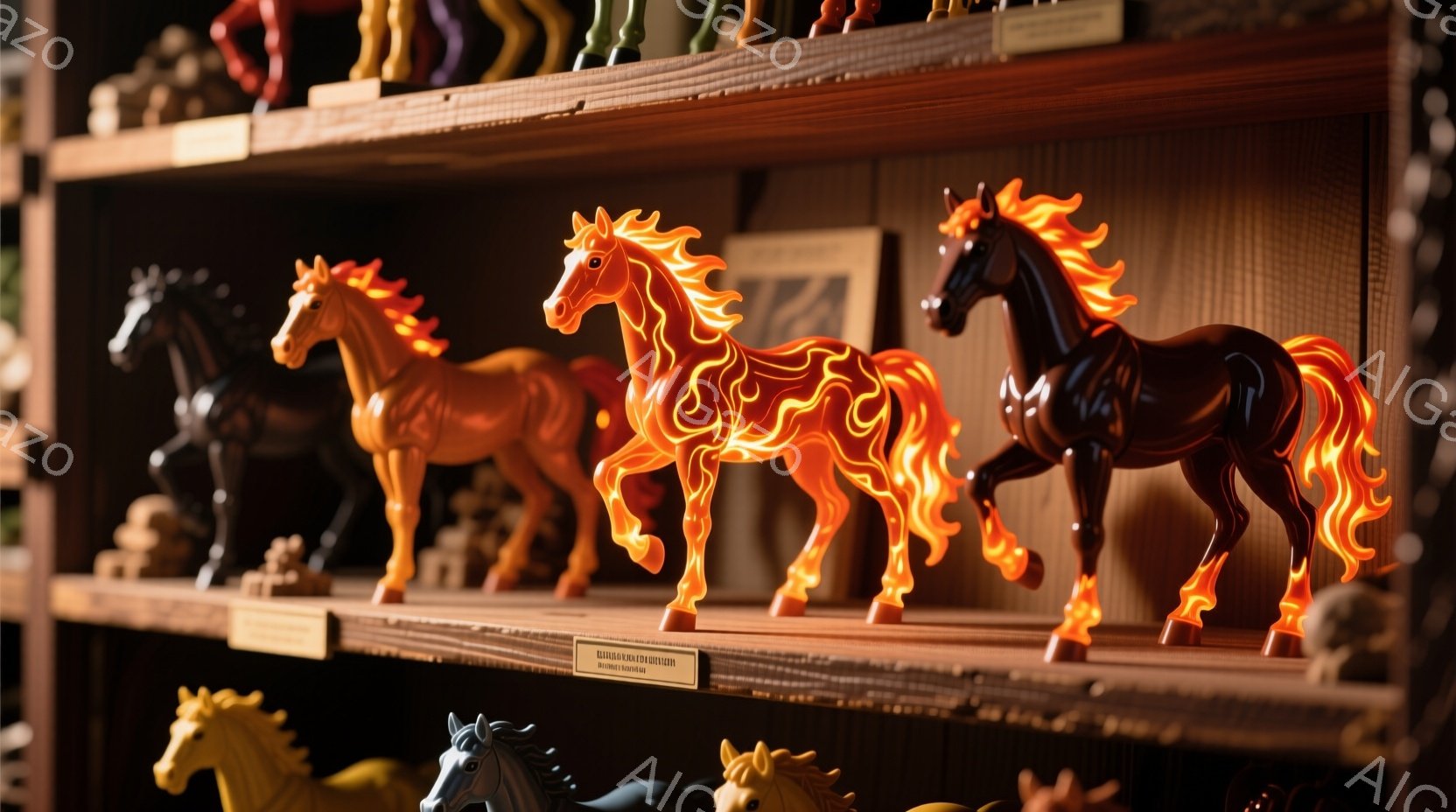 博物館またはコレクションルームの棚に、様々な色の馬の置物が整然と並べられています。中央には、オレンジ色と赤色の炎のような模様が施された馬が際立っており、その周りには茶色や黒色の馬が配置されています。背景は木製の棚で、展示品に暖かく落ち着いた雰囲気を与えています。