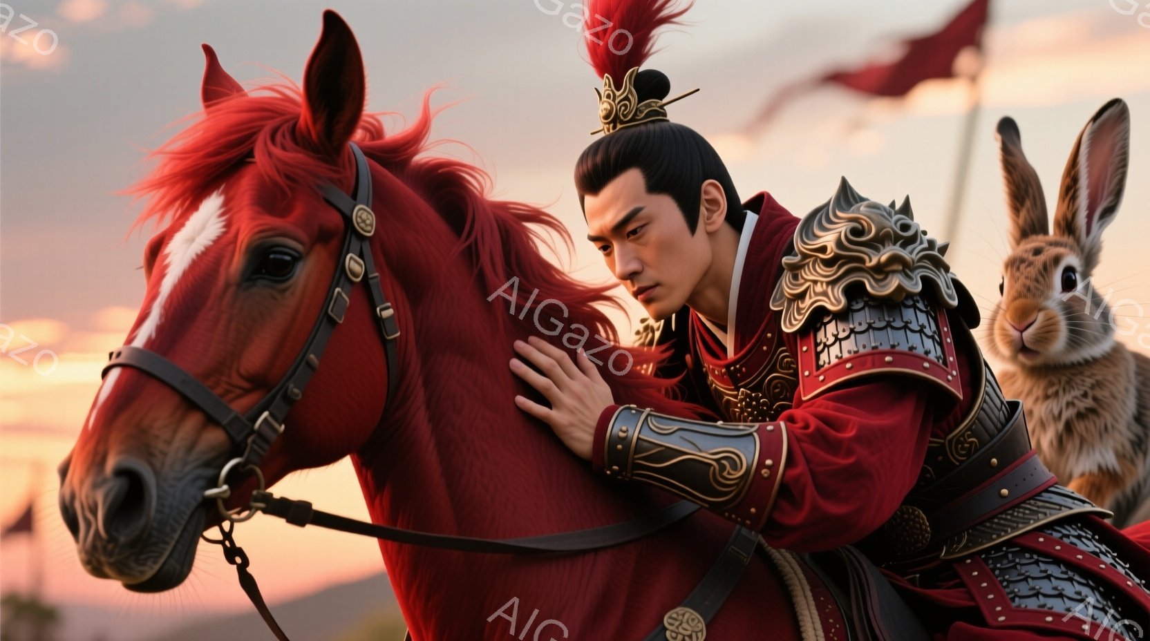 赤い軍服を身につけた男性が、赤い馬に乗ってこちらを見つめている。彼の服装は金色の装飾が施された肩当てと胸当て、そして赤い袖とズボンで構成され、頭には飾りをつけた黒い髪を結い上げている。背景には夕焼け空が広がり、草原と遠くの山々が見え、可愛らしい白いウサギが彼の隣にいることで、力強さと優しさが共存する雰囲気が漂う。