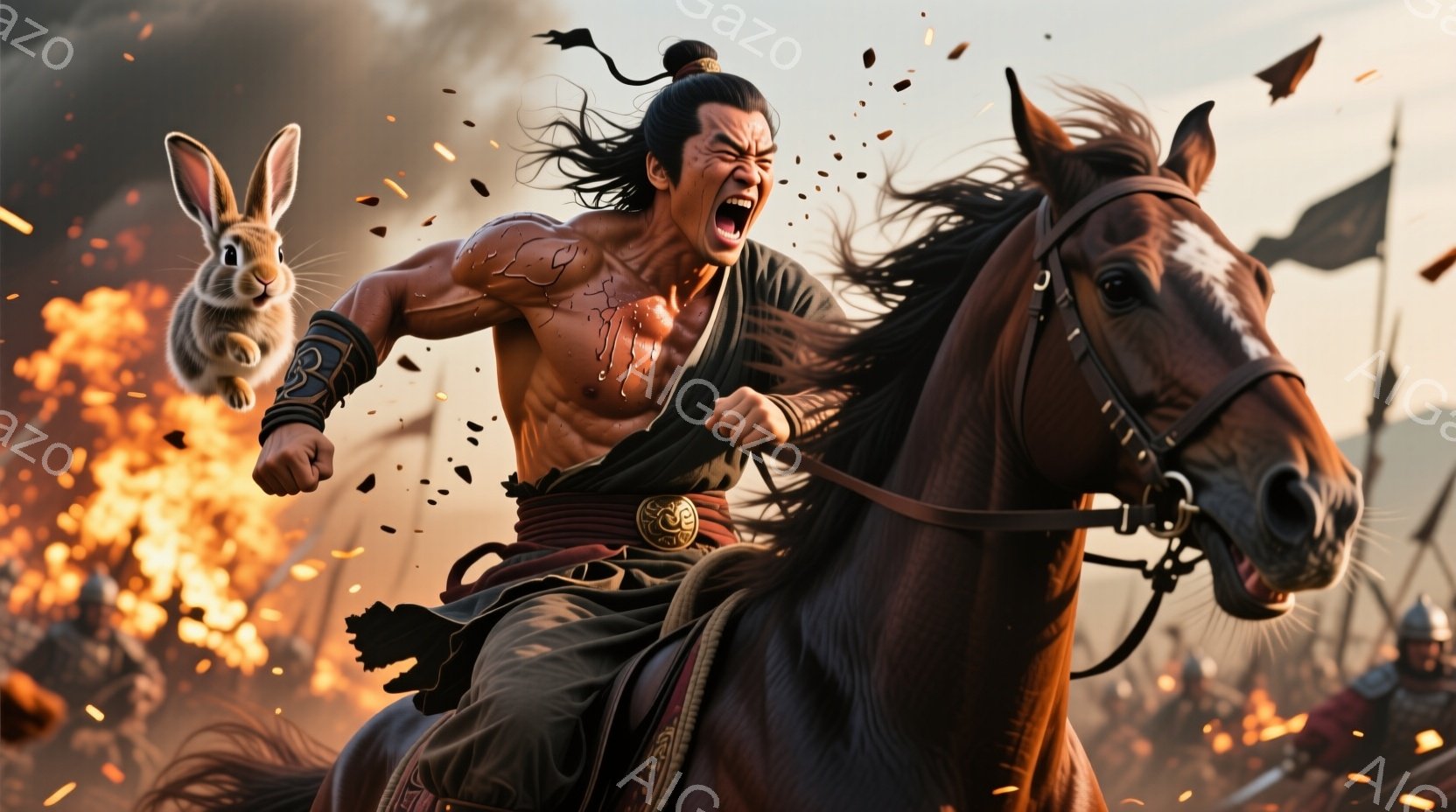 筋肉質な男性が馬に乗り、激しい表情で両手を握り締めています。彼は薄緑色の帯と赤いズボンを身につけ、長い髪を後ろで束ねています。背景には炎に包まれた戦場が広がり、遠くには兵士たちが密集しているのが見え、全体的に激しい戦闘の雰囲気が漂っています。