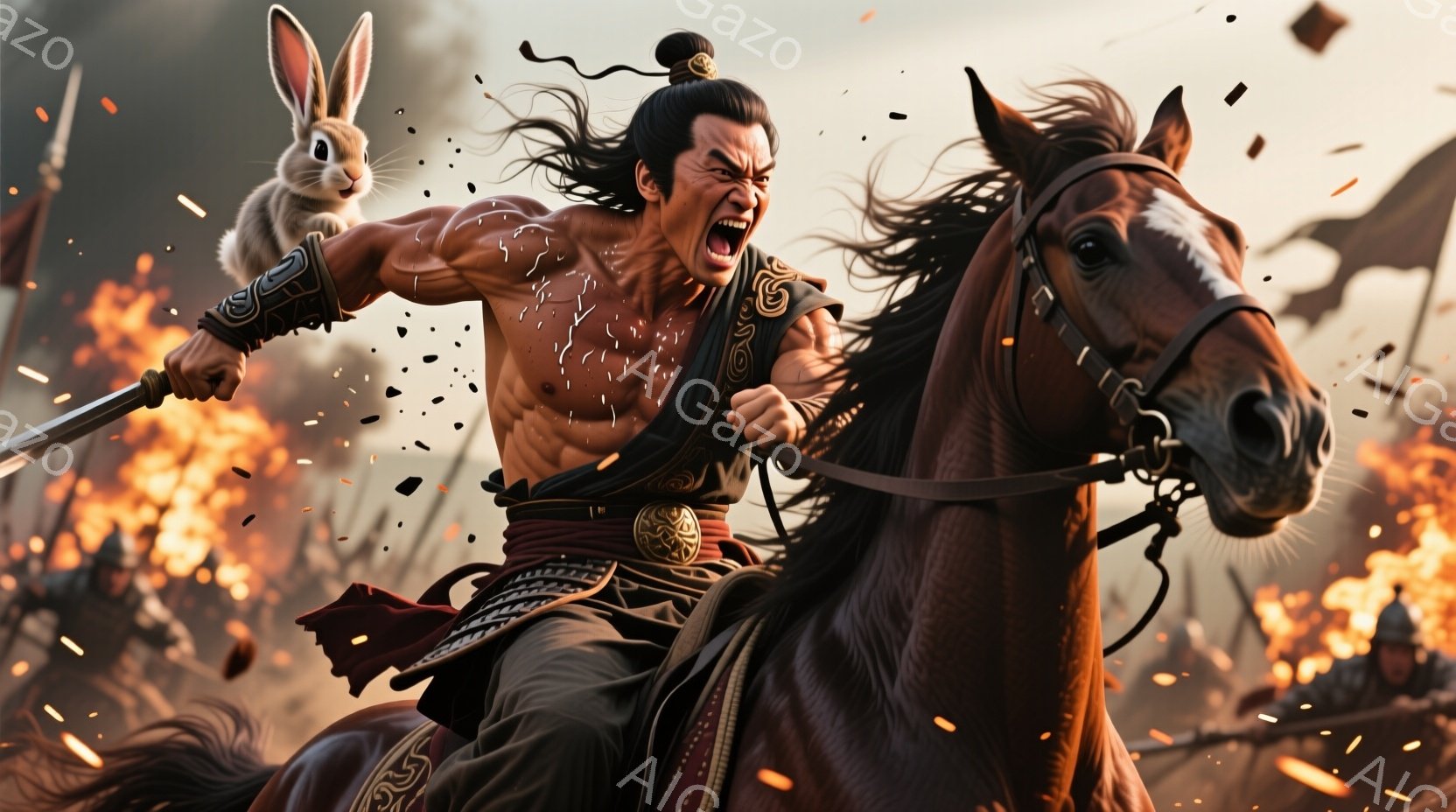 逞しい体躯の武者が、茶色の馬に跨り、剣を構えて激しい戦場を駆けている。黒い長髪を後ろで束ね、顔は怒りに満ち、戦いの熱気が伝わってくる。背景には炎が燃え盛る戦場と、無数の兵士が密集しており、戦乱の世の緊迫した雰囲気が漂っている。