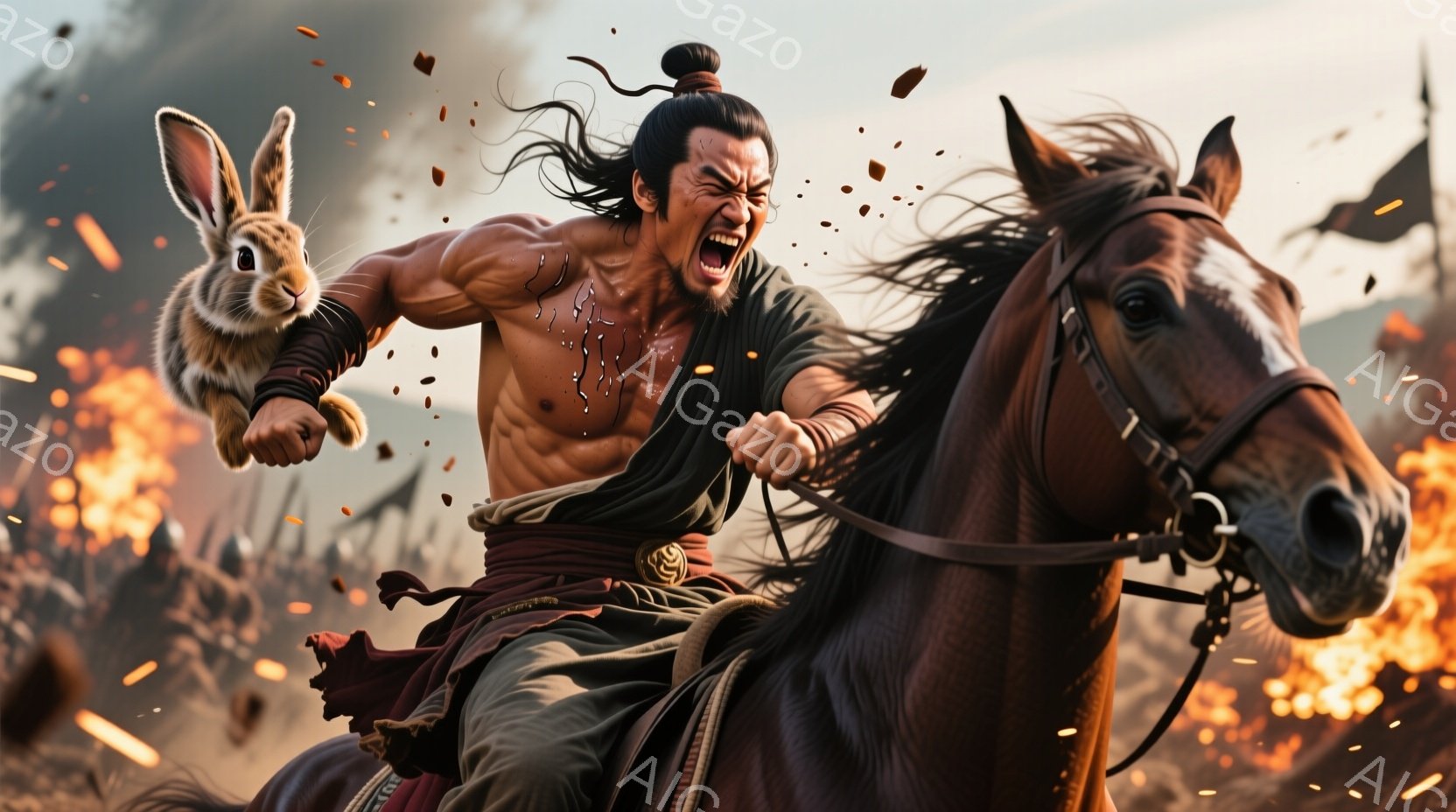 逞しい肉体を持つ男が、茶色の馬にまたがり、力強く拳を振り上げている。彼は黒い髪を後ろで束ね、赤い鉢巻きと緑色の衣装を身に着けており、顔は怒りに満ちている。背景は激しい戦場であり、炎と煙が立ち込め、多くの兵士が密集している様子がうかがえる。