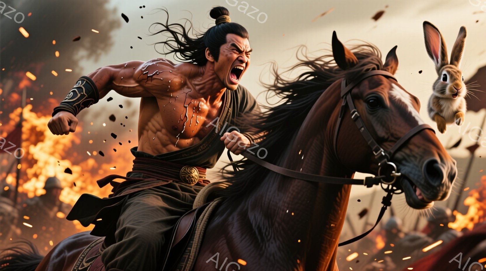 荒々しい表情の男性が、茶色の馬にまたがり、激しい戦場を駆ける姿が描かれている。彼は上半身は裸で、腰には緑色の帯を巻き、長く黒い髪を後ろに結んでいる。背景には炎が立ち込め、兵士たちが密集しており、全体的に激動と勇猛さを感じさせる、力強い情景が広がっている。