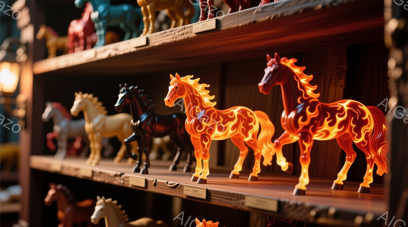 複数の馬の置物が棚に並べられています。馬たちはそれぞれ異なる色と模様を持ち、鮮やかなオレンジ色の馬は炎のような模様で目を引きます。背景は木製の棚で、アンティークショップやコレクターの展示のようであり、全体的に暖かく落ち着いた雰囲気が漂っています。