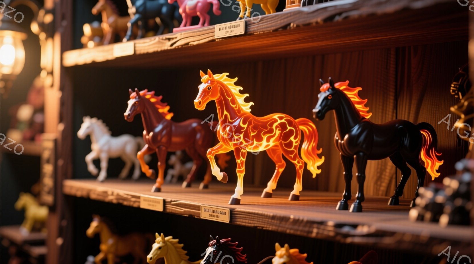 複数の木製の馬のおもちゃが棚に並んでいます。オレンジ色から赤色にグラデーションのかかった馬が最も目を引き、まるで炎を纏っているかのようです。背景は暗く、他の様々な色のおもちゃや工芸品がぼんやりと見え、アンティークショップのような雰囲気です。