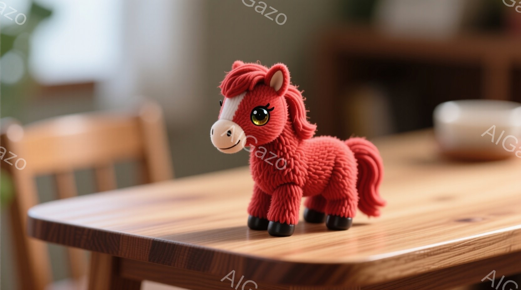 鮮やかな赤色のふわふわしたテディベアのような馬のおもちゃが、木製のテーブルの上に立っている。その馬は、黒い蹄と、カールした茶色のたてがみと尾を持ち、明るい表情でこちらを見ている。背景にはぼやけた椅子と - AI生成フリー素材