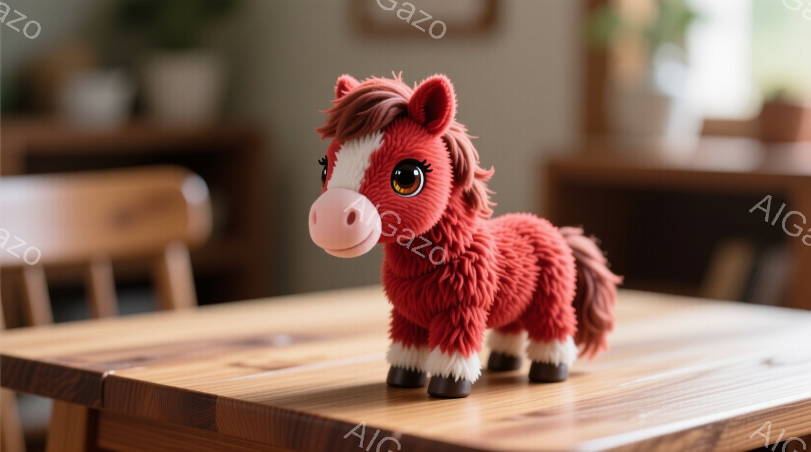 明るい木製のテーブルの上に、赤毛の可愛い子馬のおもちゃが立っている。子馬は白い足とたてがみを持っており、大きな茶色の瞳が印象的だ。背景にはぼやけた家具が見え、暖かく穏やかな雰囲気が漂っている。 - AI生成フリー素材