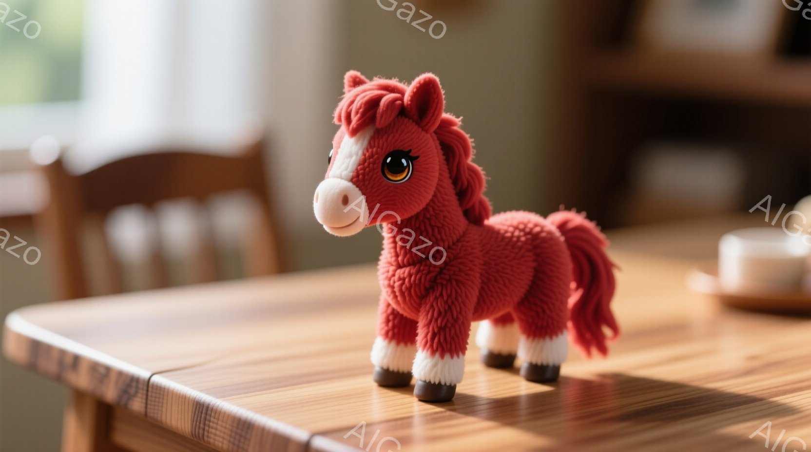 赤茶色のふわふわした馬のおもちゃが、木製のテーブルの上に立っている。白と茶色の足と、優しい表情をしている。背景にはぼやけた椅子と、茶色のカップがわずかに見え、温かく、心地よい雰囲気を醸し出している。 - AI生成フリー素材