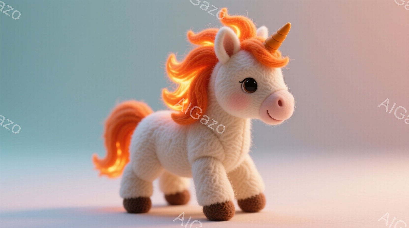白くてふわふわしたユニコーンが、オレンジ色のたてがみと尾で飾られています。優しい表情で、少し前かがみの姿勢で立っており、可愛らしい印象を与えます。背景は柔らかいグラデーションで、暖かく、夢のような雰囲 - AI生成フリー素材