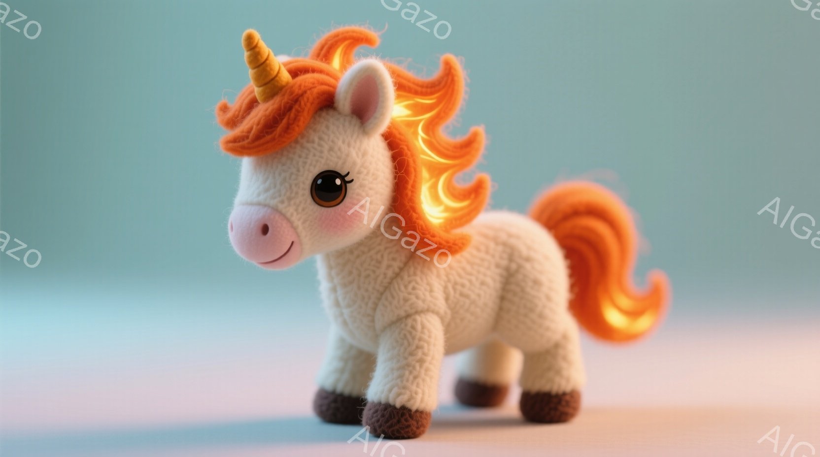 白いふわふわのユニコーンのぬいぐるみは、明るいオレンジ色のたてがみと尾を持っています。つぶらな瞳と微笑んだ口元が愛らしい表情を作り出しており、まるで生きているかのような愛らしさです。背景は淡い水色で、ぬいぐるみを引き立てています。