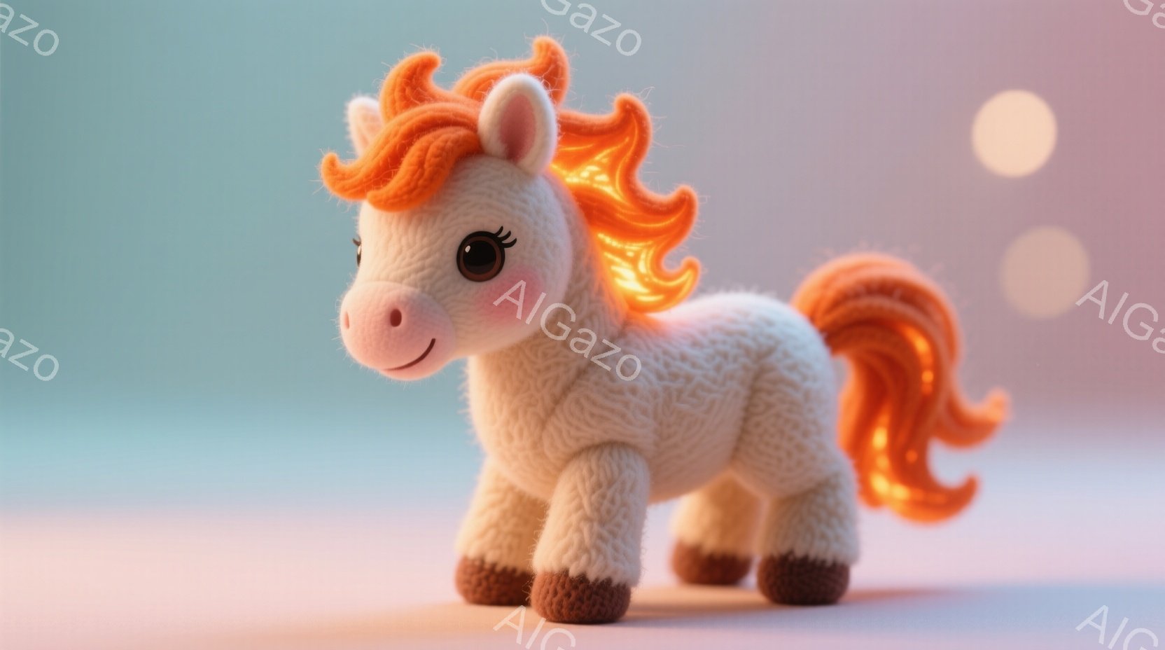 ふわふわとした毛並みのオレンジ色のたてがみと尾を持つ、白い子馬のおもちゃです。愛らしい表情で、少し上目遣いをしています。背景はぼやけたパステルカラーで、全体的に暖かく優しい雰囲気です。