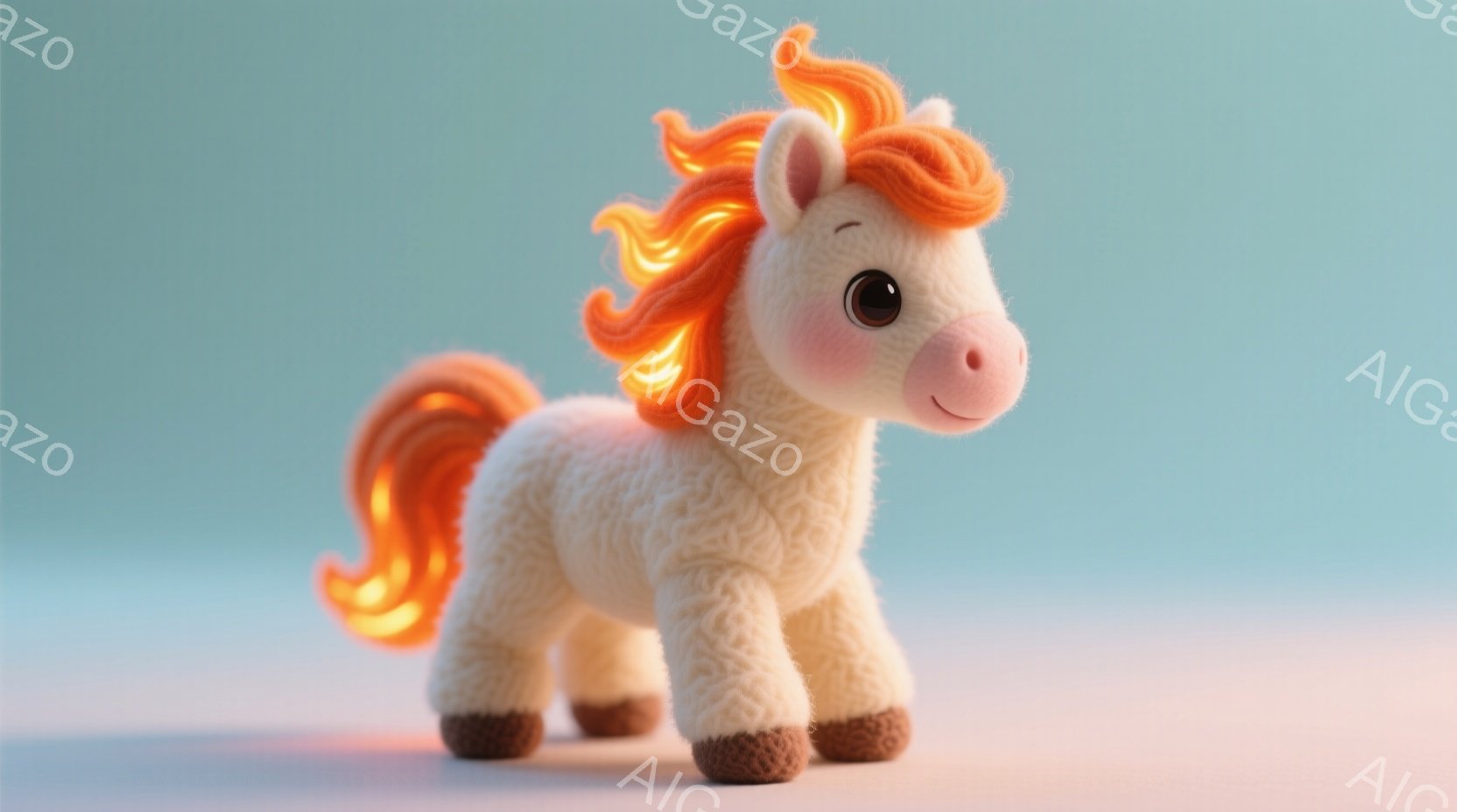 ふわふわのクリーム色の毛並みを持つ子馬が写っています。鮮やかなオレンジ色のたてがみと尾が特徴的で、つぶらな瞳と小さな鼻が愛らしい表情を作り出しています。背景は淡い水色で、子馬が柔らかい光に照らされている様子から、温かく優しい雰囲気が伝わってきます。