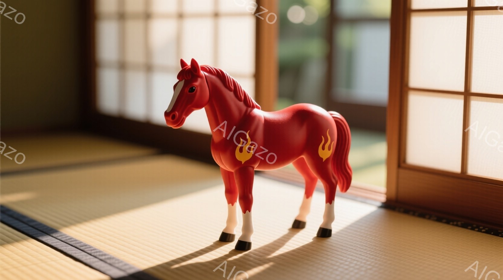 鮮やかな赤色の馬のおもちゃが畳の上に立っている。左右の脚には白と黒の模様があり、肩には炎の模様が描かれている。背景には障子窓があり、光が差し込み、柔らかな影が畳に落ちている。 - AI生成フリー素材