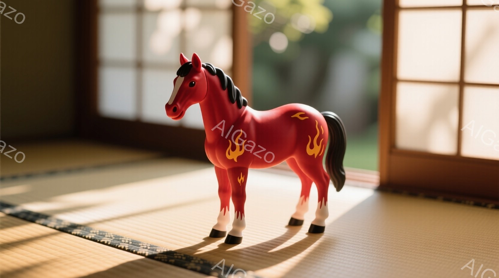 鮮やかな赤色の玩具の馬が畳の上に立っている。馬の体には炎のような模様が描かれており、黒い蹄とたてがみが特徴的である。背景には木製の障子がぼんやりと見え、柔らかな自然光が畳に差し込み、穏やかで静謐な雰囲 - AI生成フリー素材