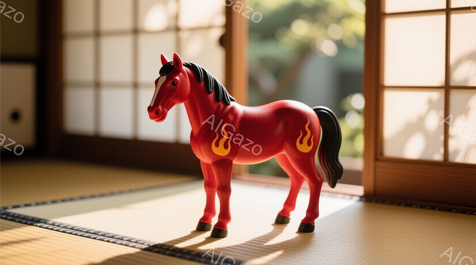 真っ赤な馬のおもちゃが畳の上に立っている。両肩には炎の模様が描かれており、黒い鬣と蹄が特徴的だ。背景には木製の障子と窓があり、柔らかい光が差し込み、穏やかな室内雰囲気を醸し出している。