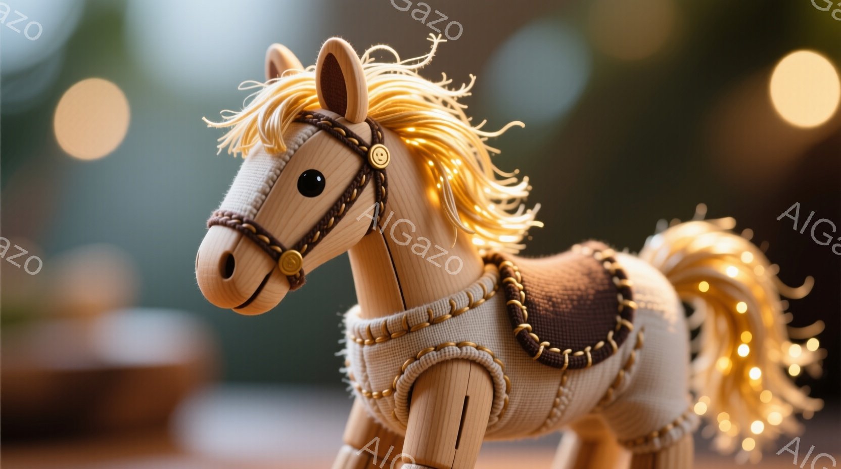 木彫りのように見える馬のおもちゃが写っています。茶色の鞍と金色の装飾が施されており、たてがみが金色に輝いています。背景はぼやけていますが、暖色系の光が点在しており、おとぎ話のような幻想的な雰囲気を醸し出しています。