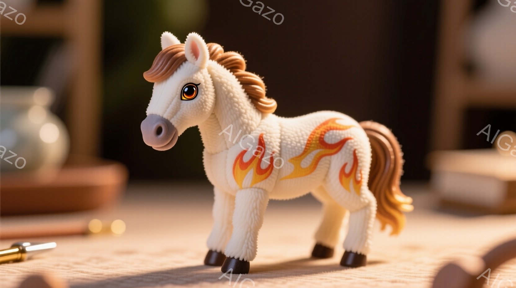 白い馬のフィギュアが、クリーム色のたてがみと尾を持ち、側面には炎模様が描かれています。フィギュアは硬い表面の上に立っており、背景にはぼやけた木製の物体といくつかの小さな金属製の物体が見えます。全体的に、暖色系の照明と少し影のある構図が、フィギュアを強調しています。