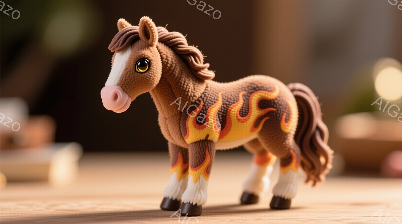 茶色の毛並みを持つおもちゃの馬を描いています。馬の体には、赤とオレンジの炎のような模様が描かれており、たてがみと尾はカールしています。背景は木製のテーブルで、ぼやけた照明が暖かく柔らかな雰囲気を醸し出 - AI生成フリー素材