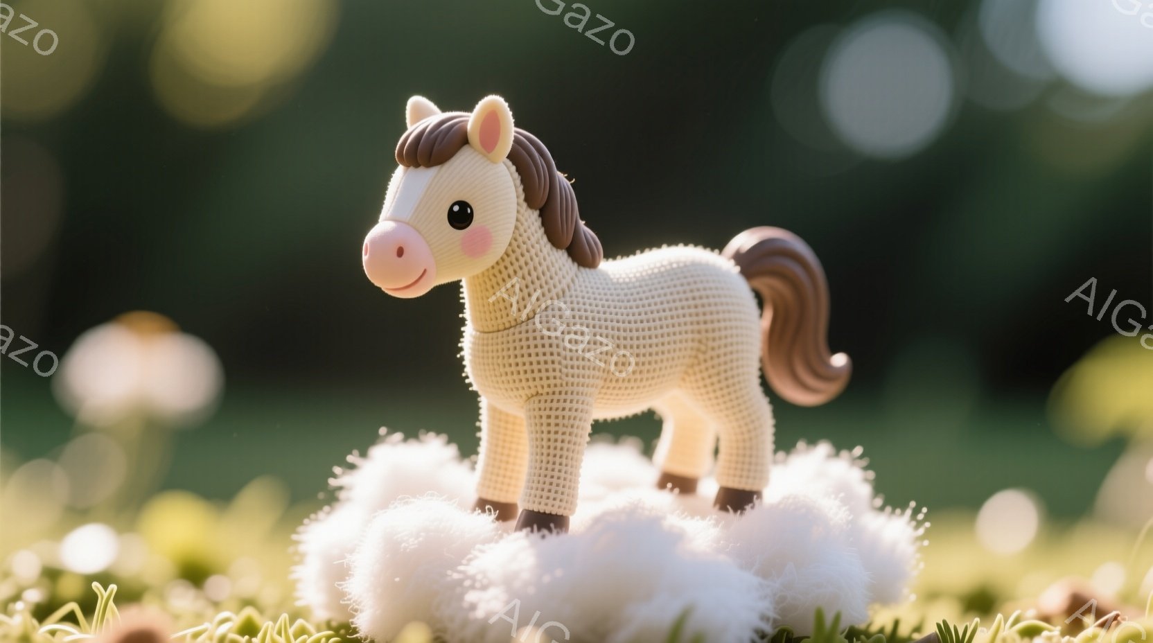 白茶色の編みぐるみ馬がふわふわの白い雲のようなものの上に立っている。馬は茶色のたてがみと尾を持ち、ピンクの頬と可愛らしい表情をしている。背景は緑色の草が生い茂る自然で、暖かく穏やかな雰囲気を醸し出して - AI生成フリー素材