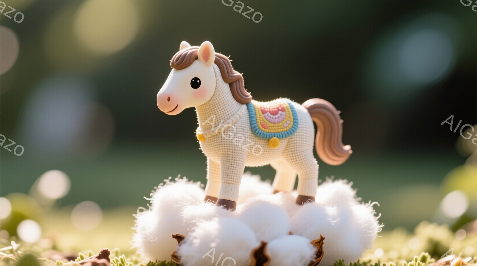 白い馬のおもちゃがふわふわの白い綿の上に立っている様子が写っている。馬はニットのような質感で、首元にカラフルな模様の装飾が施されている。背景は緑の草地とぼやけた光の粒子で、暖かく柔らかい雰囲気を醸し出している。