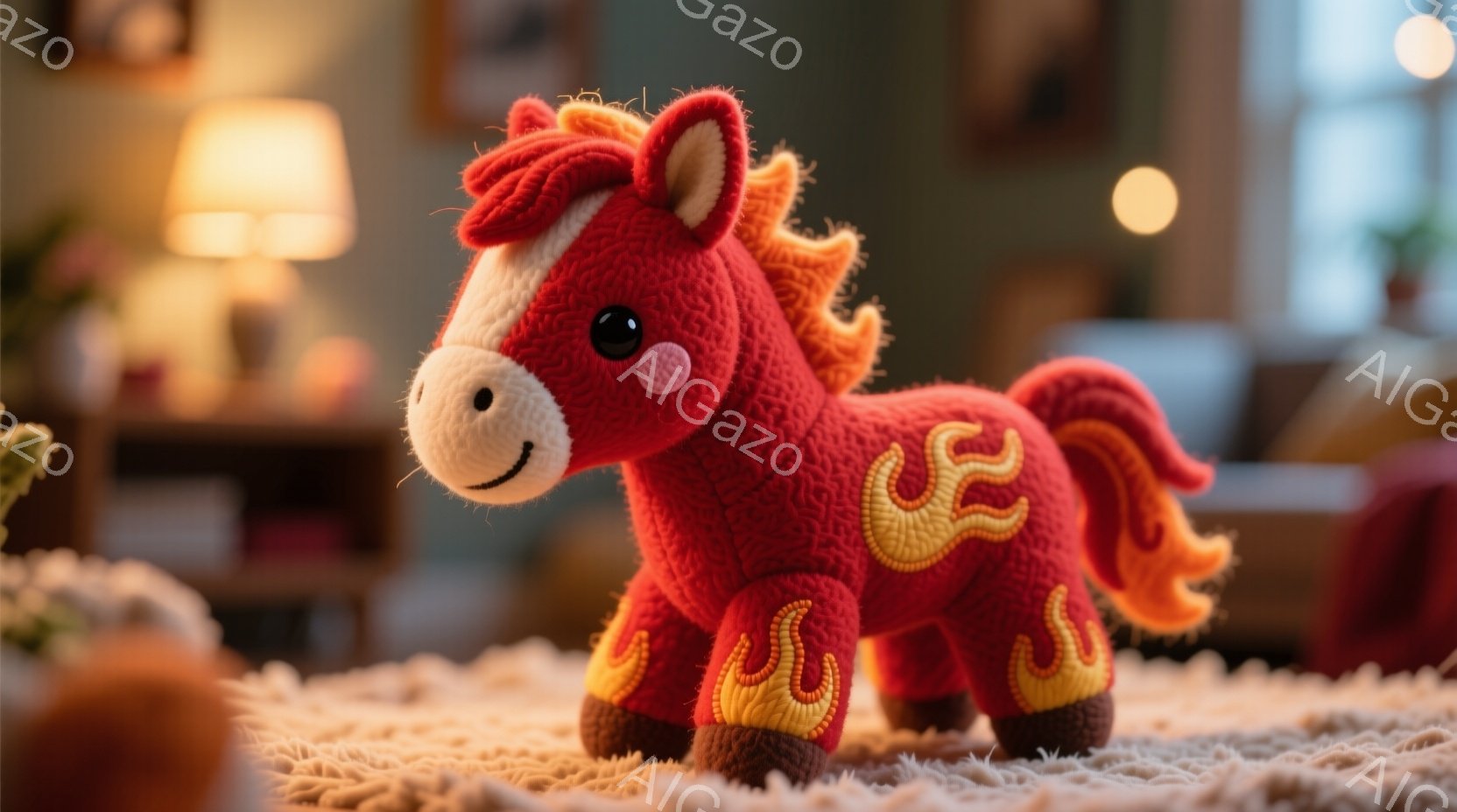 明るいオレンジ色の手編みの馬のおもちゃが、ふわふわのベージュ色の敷物の上に立っている。馬の体には燃えるような炎の模様が刺繍されており、たてがみと尾は明るい黄色とオレンジ色で、表情は穏やかで可愛らしい。背景にはぼやけた家具と間接照明があり、温かく居心地の良い家庭的な雰囲気を醸し出している。