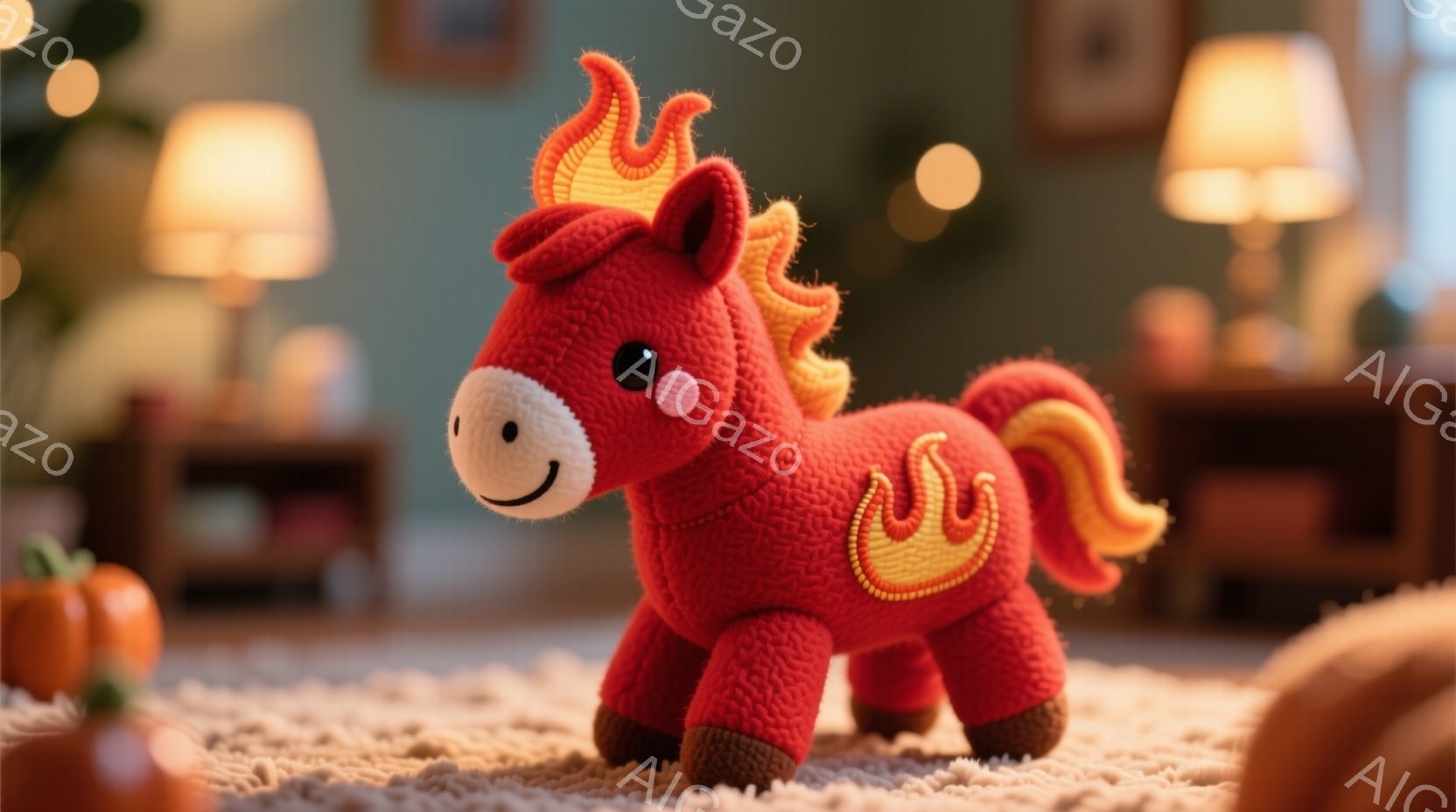 明るい赤色の編みぐるみ馬が、茶色の毛糸でできた毛並みと、燃え盛る炎のようなたてがみと尻尾で描かれています。馬は優しい笑顔を浮かべ、わずかに前かがみの姿勢で、柔らかい質感の敷物の上に立っています。背景に - AI生成フリー素材