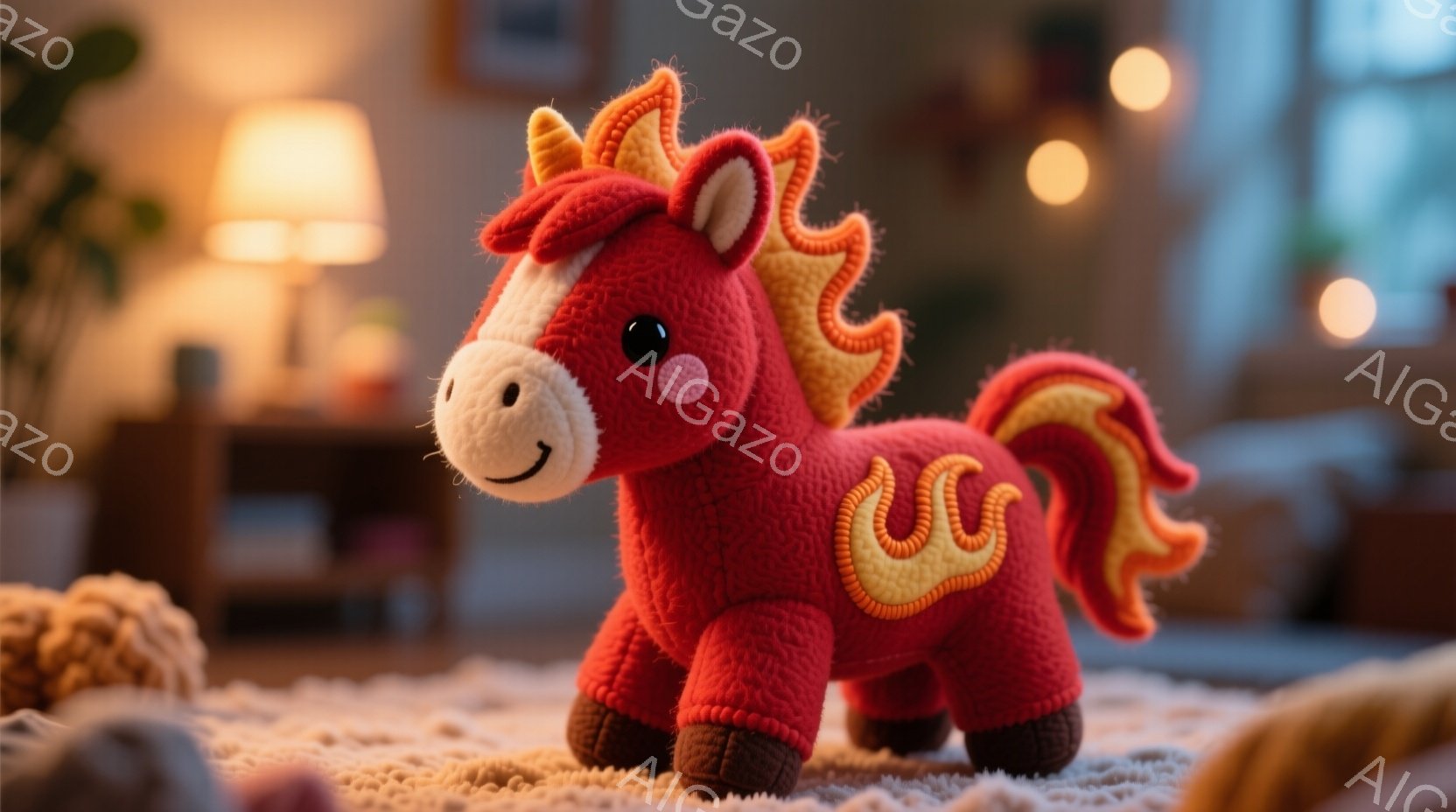 明るいオレンジ色の編みぐるみの馬が、ふわふわの白い毛糸で作られたたてがみと尻尾で飾られています。馬は前足を少し上げており、温かく、楽しげな表情をしています。背景にはぼやけた家具と植物が見え、全体的に温 - AI生成フリー素材