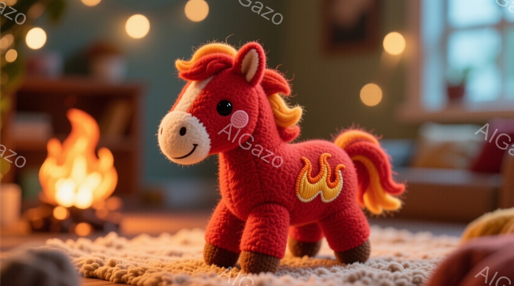 鮮やかな赤色の編みぐるみ馬が、毛並みを活かしたポーズで立っている。馬の背中にはオレンジ色の炎の模様が刺繍されており、愛らしい表情と茶色のたてがみが特徴的だ。背景は暖炉とぼやけた部屋の様子で、温かく心地 - AI生成フリー素材