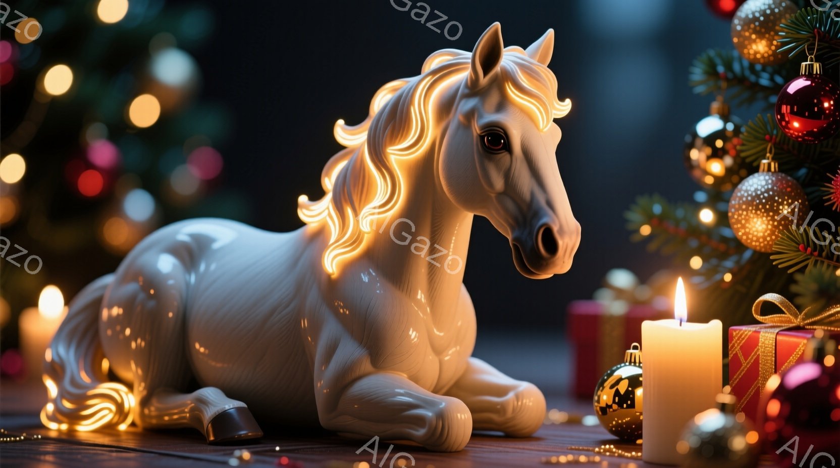 白い馬が木製の台の上に横たわっており、その体は光り輝くような質感で表現されています。背景には、クリスマスツリーの飾りやプレゼント、点灯したキャンドルが暖かく輝き、お祝いの雰囲気を醸し出しています。全体的に幻想的で、おとぎ話のような、または夢のような雰囲気を感じさせます。