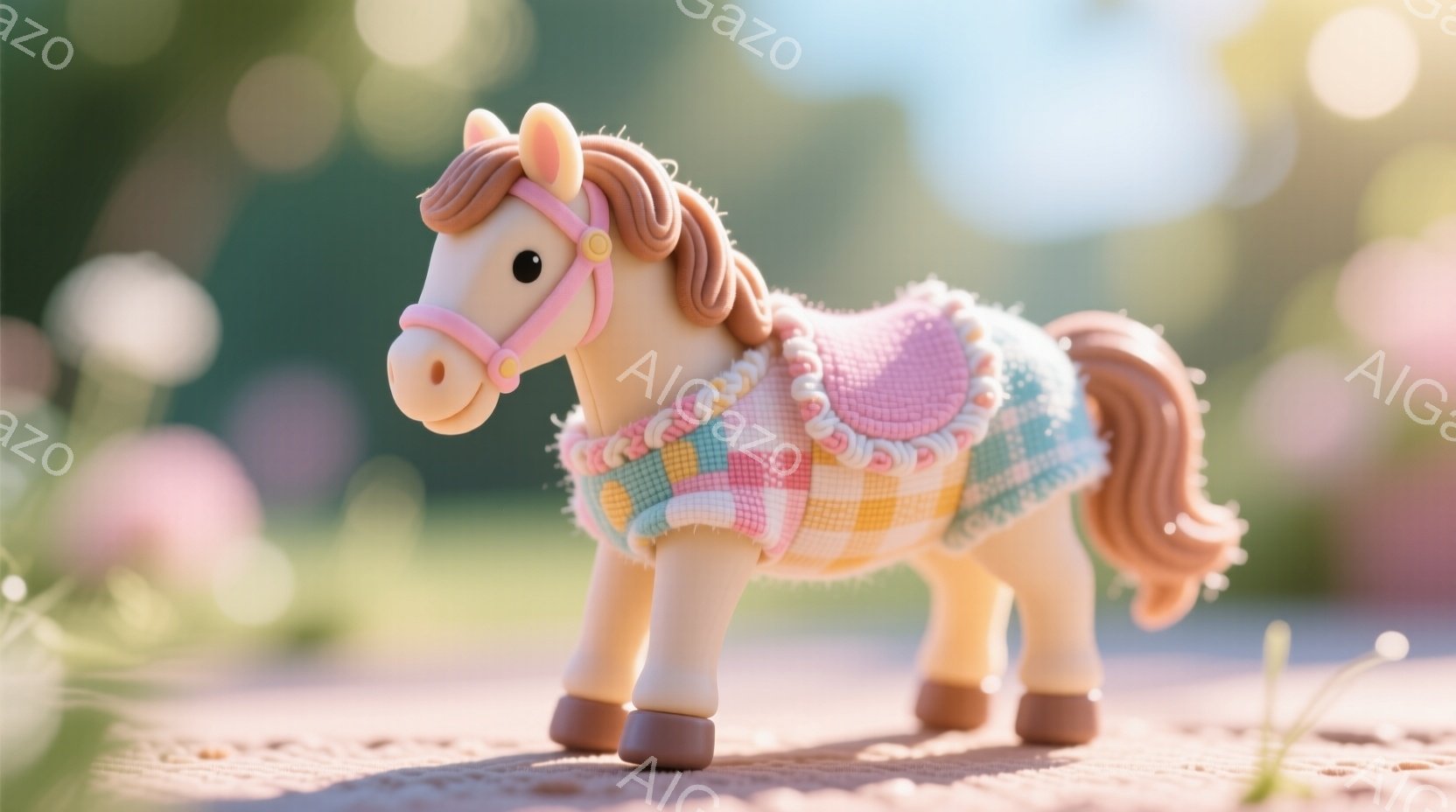 ピンクとベージュの可愛らしいおもちゃの馬を描いています。馬はチェック柄のセーターのようなものを着ており、たてがみと尾はカールしています。背景はぼやけたピンク色の花々で、柔らかく温かい雰囲気です。