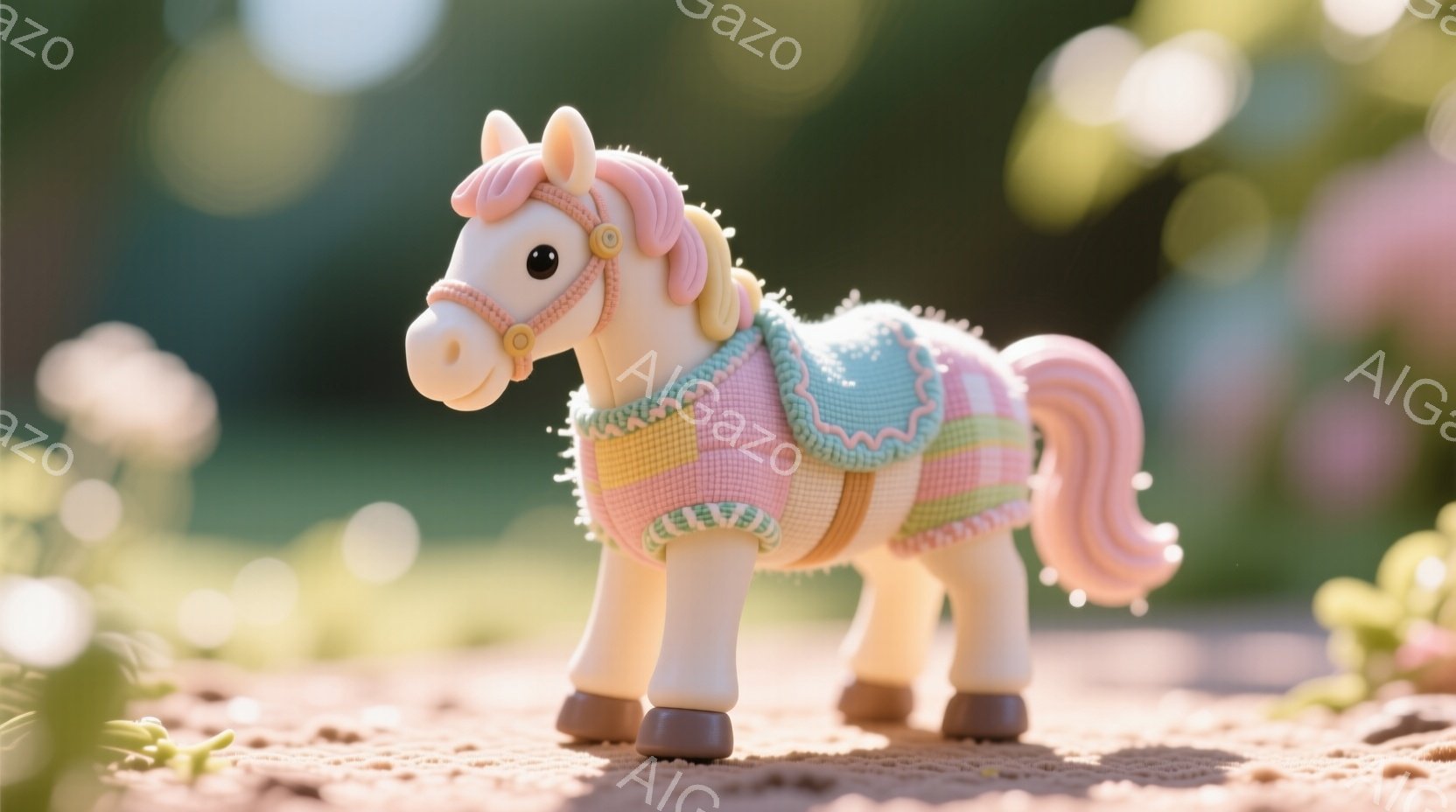 優しいクリーム色の馬が、パステルカラーの編み込み模様のセーターを着ています。ピンクと茶色のグラデーションがかったたてがみと、カールした尾が特徴的で、穏やかな表情をしています。背景には、ぼやけた緑の植物と暖かい光があり、全体的に柔らかく、夢のような雰囲気です。
