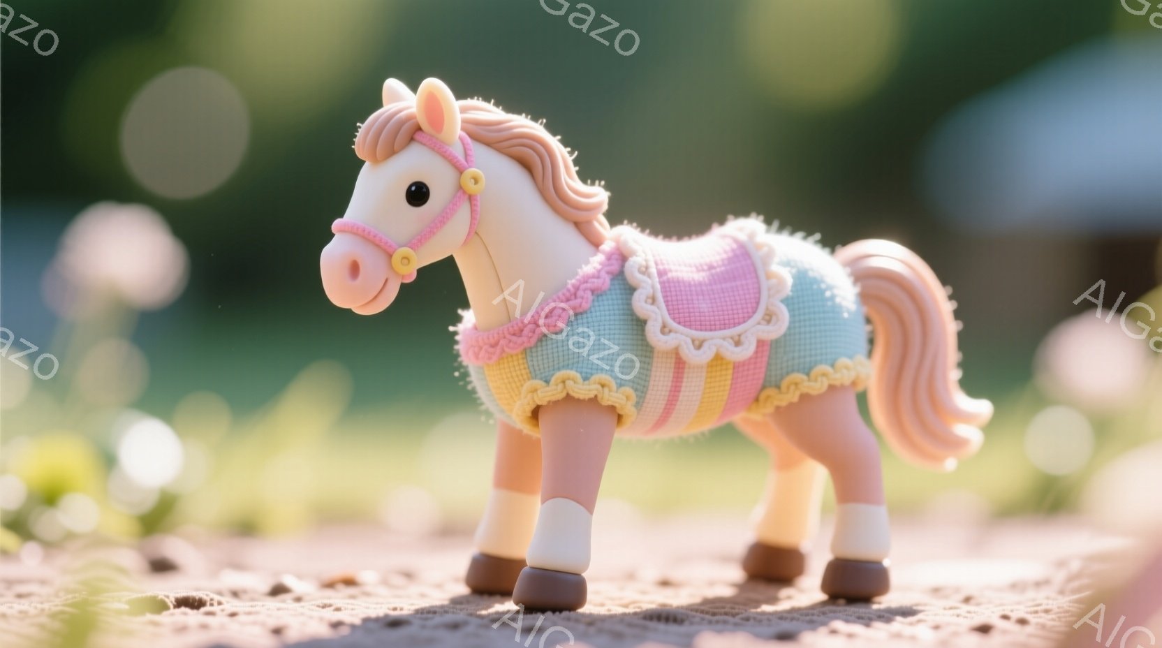 淡いピンク色の鬣と尾を持つ、クリーム色の馬のおもちゃが写っています。馬は水色とピンクの縁取りが施された可愛らしいベストを身に着け、片方の前足に白いソックスを履いています。背景は緑色のぼかしで、屋外の柔らかい光の中で、おもちゃが静かに立っている様子が捉えられています。