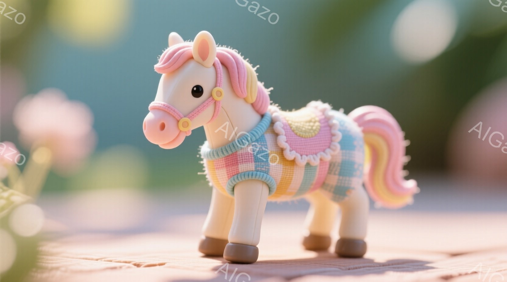 明るいクリーム色の馬のおもちゃが、ピンクと青のタータンチェックのセーターを着ています。たてがみと尾は虹色にグラデーションがかかっており、可愛らしい表情をしています。背景には、ぼやけた緑の植物と明るいピ - AI生成フリー素材