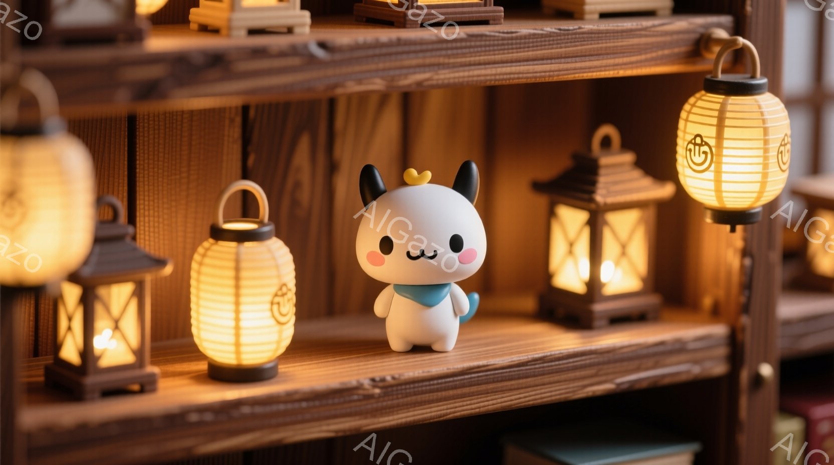 キャラクターは人形状をしており、白と黒の縦ストライプ模様があります。目の周りには二本の線があり、顔には三角形の口がついています。キャラクターは小さな閣に立っており、手を組んで腕を横に伸ばしています。背景は日本風の屋根と灯りがあり、中国風の建造物のような外観を持っています。全体の雰囲気は、日本の伝統的な街並みでの旅行感覚があります。