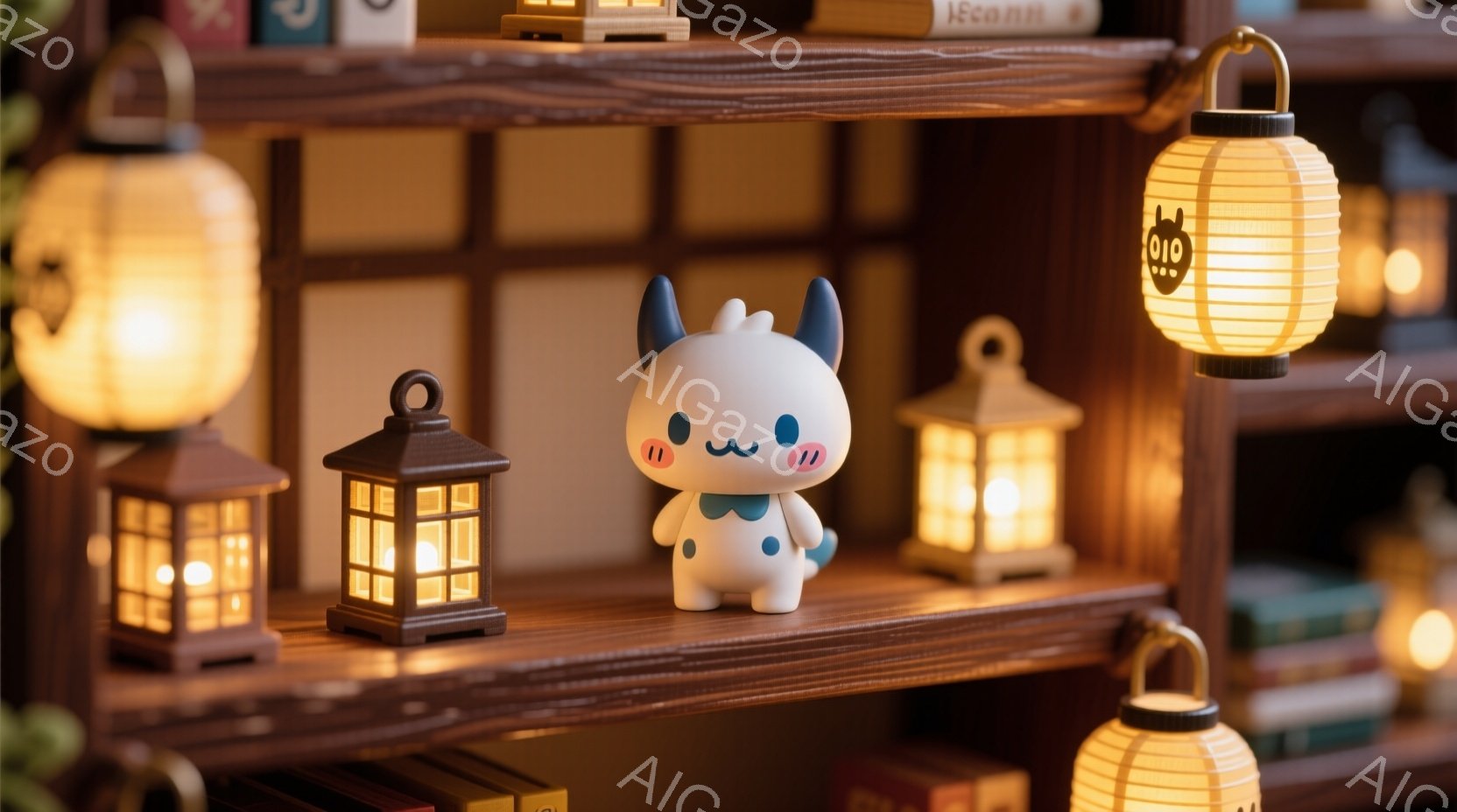 白いかわいらしいキャラクターが、水色のベストと赤いリボンタイを身につけて立っています。背景には、様々な形の提灯や、本が並んだ本棚があり、温かく幻想的な雰囲気を醸し出しています。提灯の優しい光が、キャラクターを優しく照らし、全体的に穏やかで心地よい印象を与えます。