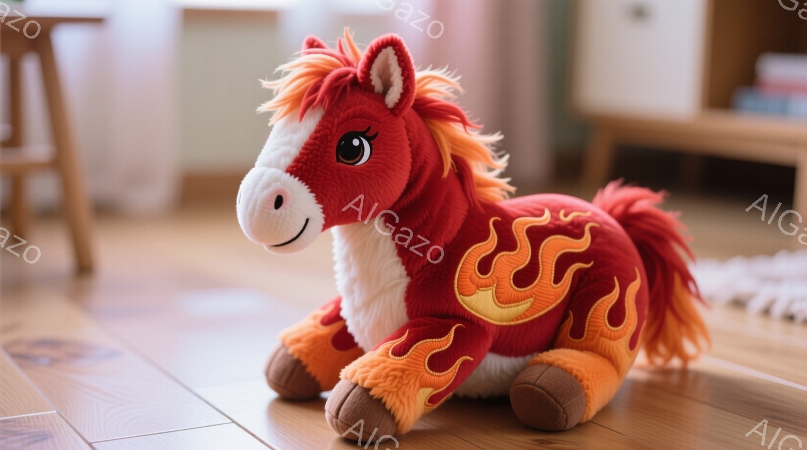 明るい色のフローリングの上に、鮮やかな赤とオレンジ色のユニコーンのぬいぐるみがあります。白い鬣とたてがみ、そして炎のような模様が特徴的で、穏やかな表情をしています。背景には家具が見え、室内で撮影された温かみのある雰囲気の写真です。