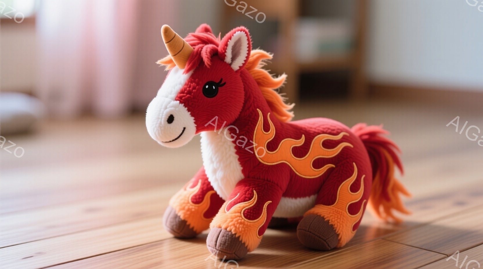 玩具のグノーは、赤と黄色で色がつき、角型の頭を持っています。背景はシンプルなインテリアで、床上に置かれていることがわかります。グノーは、目を閉じて笑顔を見せています。雰囲気は温かく、子供向けの場所のような雰囲気です。