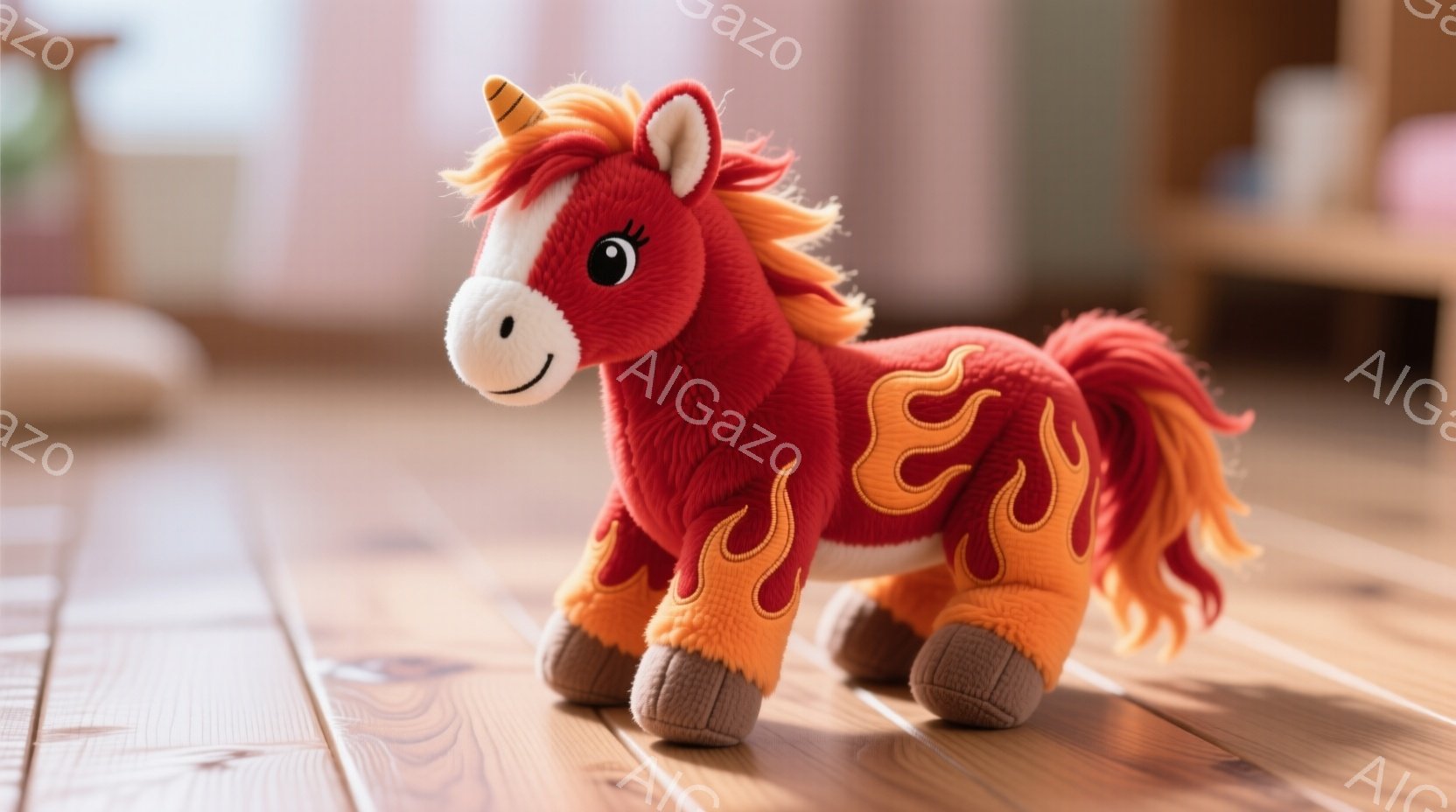 燃えるような赤色のユニコーンのぬいぐるみです。鬣と尾は炎のようなオレンジと黄色のグラデーションで、足元も炎を模したデザインになっています。背景は明るい木製の床で、ぼやけた家具が見え、温かく優しい雰囲気 - AI生成フリー素材