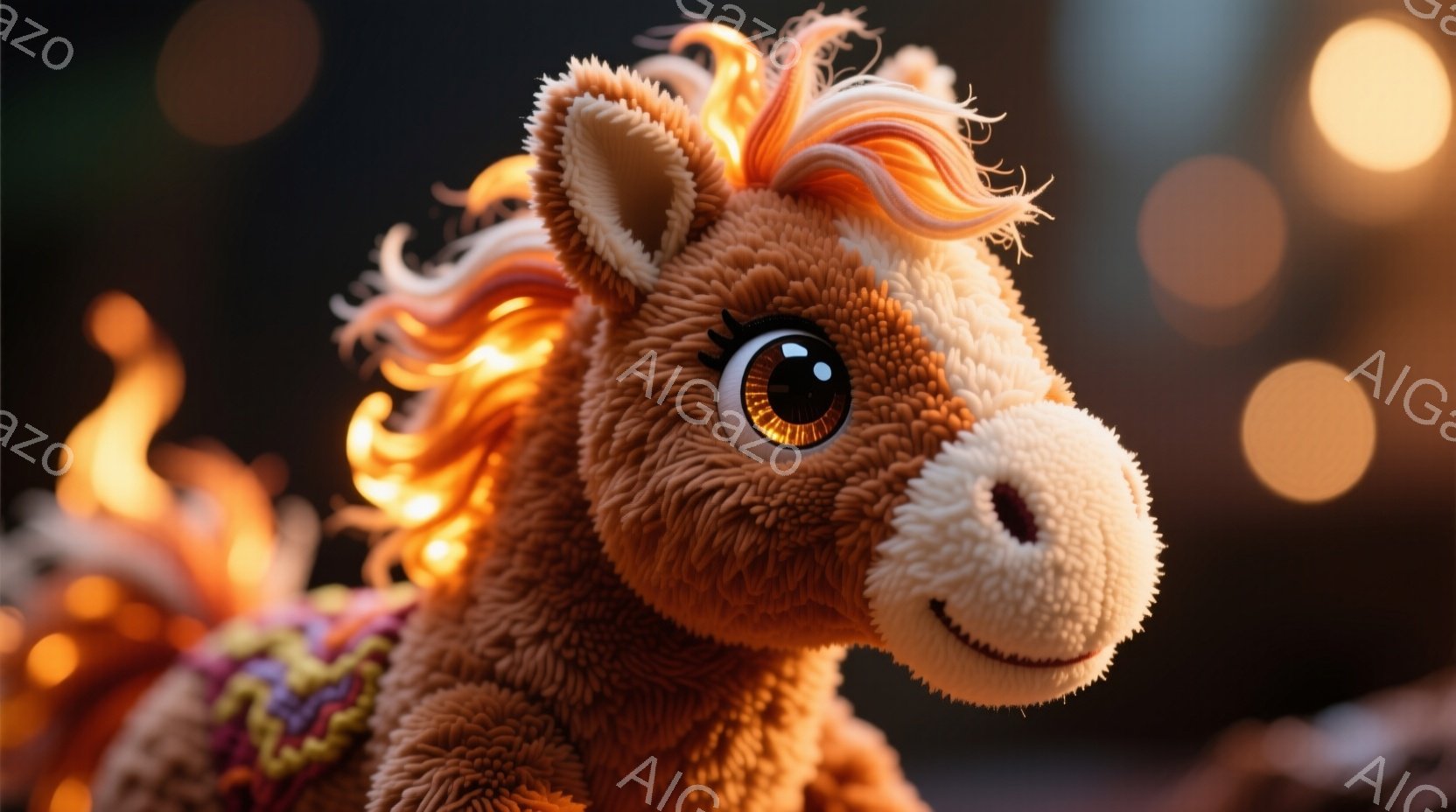 玩具馬のようなフラグメットが見られるインターラクティブ画像です。表情は柔らかいもので、笑顔と鼻先を上げるといった表情をしています。背景には小さな点光があり、火のように見えるのか、幽玄な様子です。全体として、柔らかくて可愛い雰囲気を持っています。