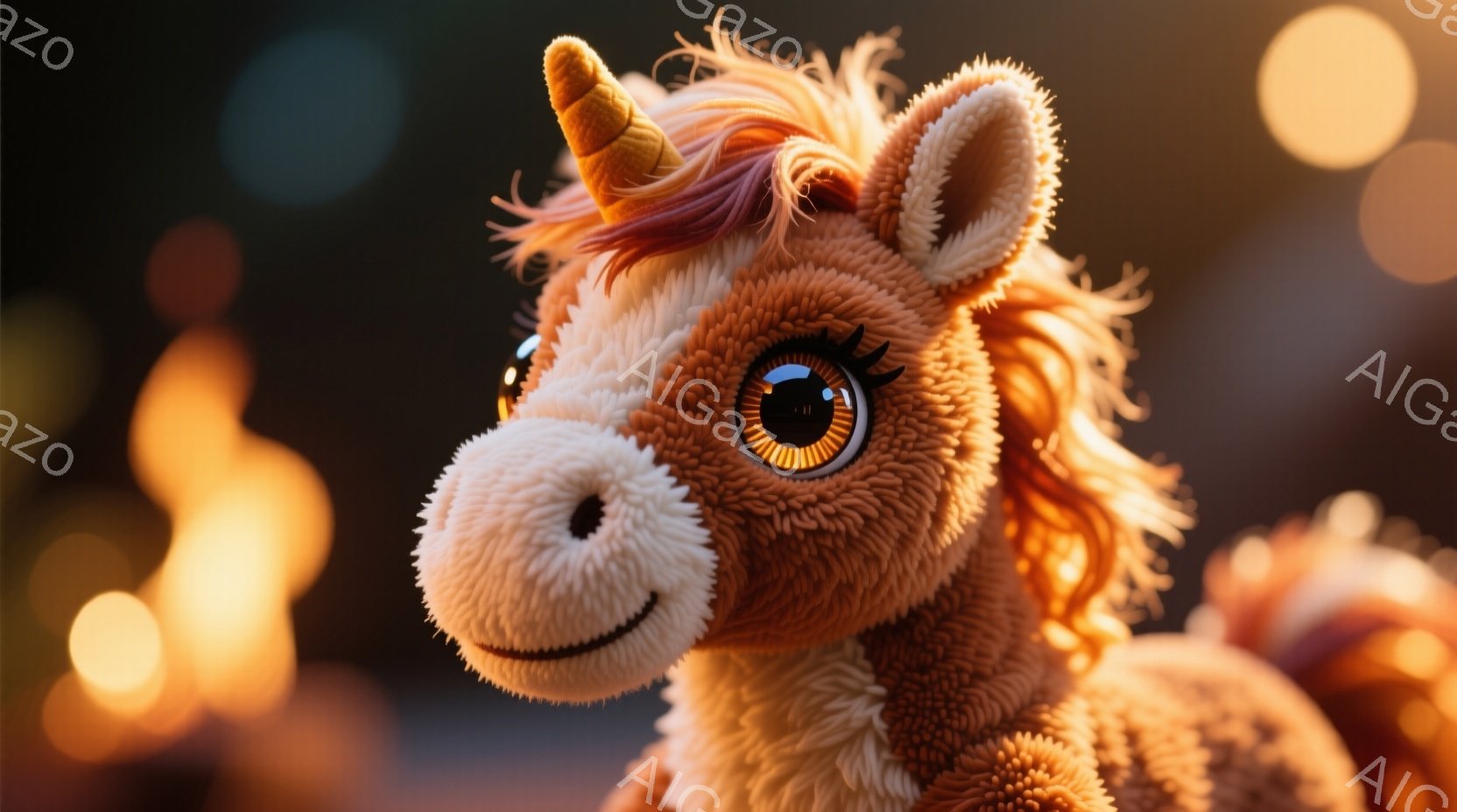 鮮やかなオレンジ色の毛並みを持つ、ふわふわのユニコーンのぬいぐるみのお顔が大きく写っています。つぶらな瞳と微笑んだ口元が愛らしい表情を作り出しており、背景にはぼやけた温かい光のぼかしが見られます。全体 - AI生成フリー素材