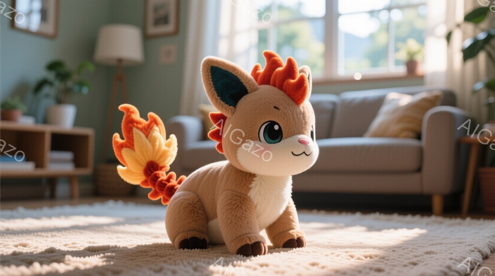 明るいリビングルームの中心で、クリーム色の毛並みと燃えるようなオレンジ色の尾を持つ、かわいらしいポケモン風の生物が立っています。大きな青い瞳と穏やかな表情を持ち、ふわふわとした姿が印象的です。背景には、灰色のソファ、観葉植物、そして窓から差し込む穏やかな光が見え、温かく居心地の良い雰囲気を醸し出しています。