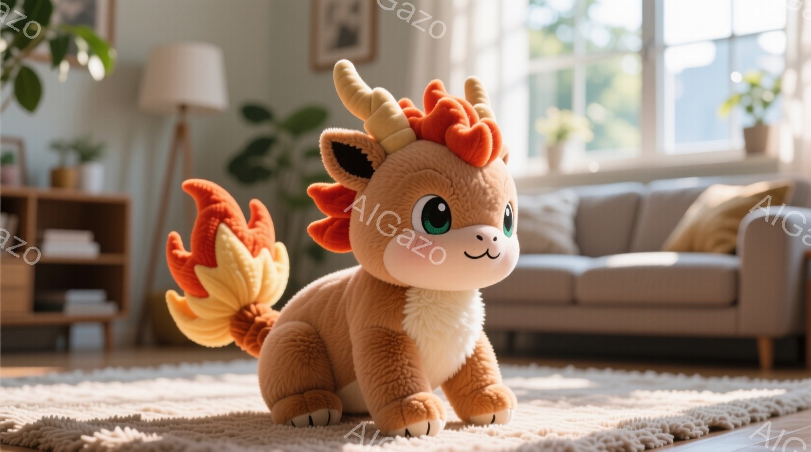 明るいリビングルームの絨毯の上に、茶色の毛並みの愛らしいドラゴンのぬいぐるみが座っています。そのドラゴンは、燃えるようなオレンジと黄色の尾を持ち、つぶらな瞳と優しい微笑みを浮かべています。背景には、ク - AI生成フリー素材