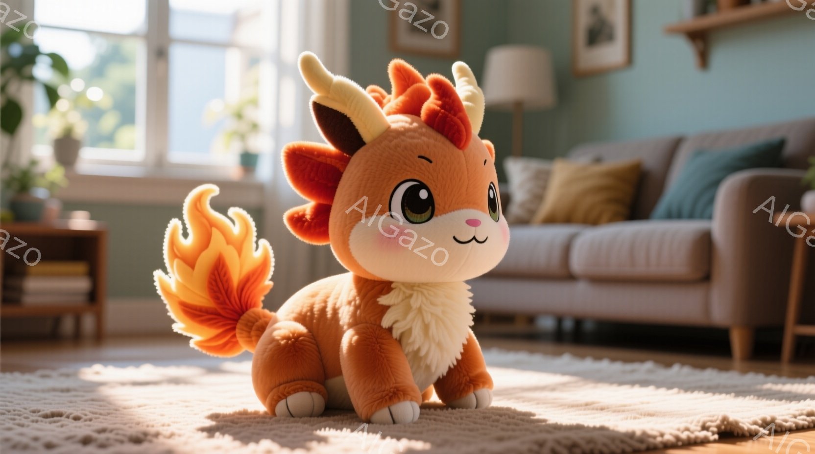 明るいリビングルームの中心に、オレンジ色の毛並みを持つかわいらしいぬいぐるみが座っています。特徴的なのは、炎のような形をした尾と、ほっぺにうっすらとピンク色のチークが入っていることです。背景には、ベージュ色のソファや木製の棚があり、温かく穏やかな雰囲気が漂っています。