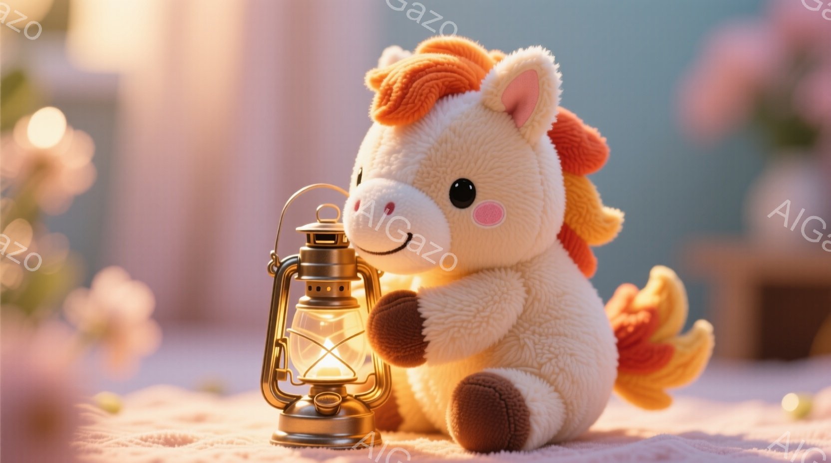 ふわふわのクリーム色の馬のぬいぐるみは、右手に真鍮製の古いランタンを持っています。その表情は穏やかで、微笑んでいます。背景にはぼやけたピンク色の花と、柔らかな光が差し込む温かい雰囲気が漂っています。 - AI生成フリー素材